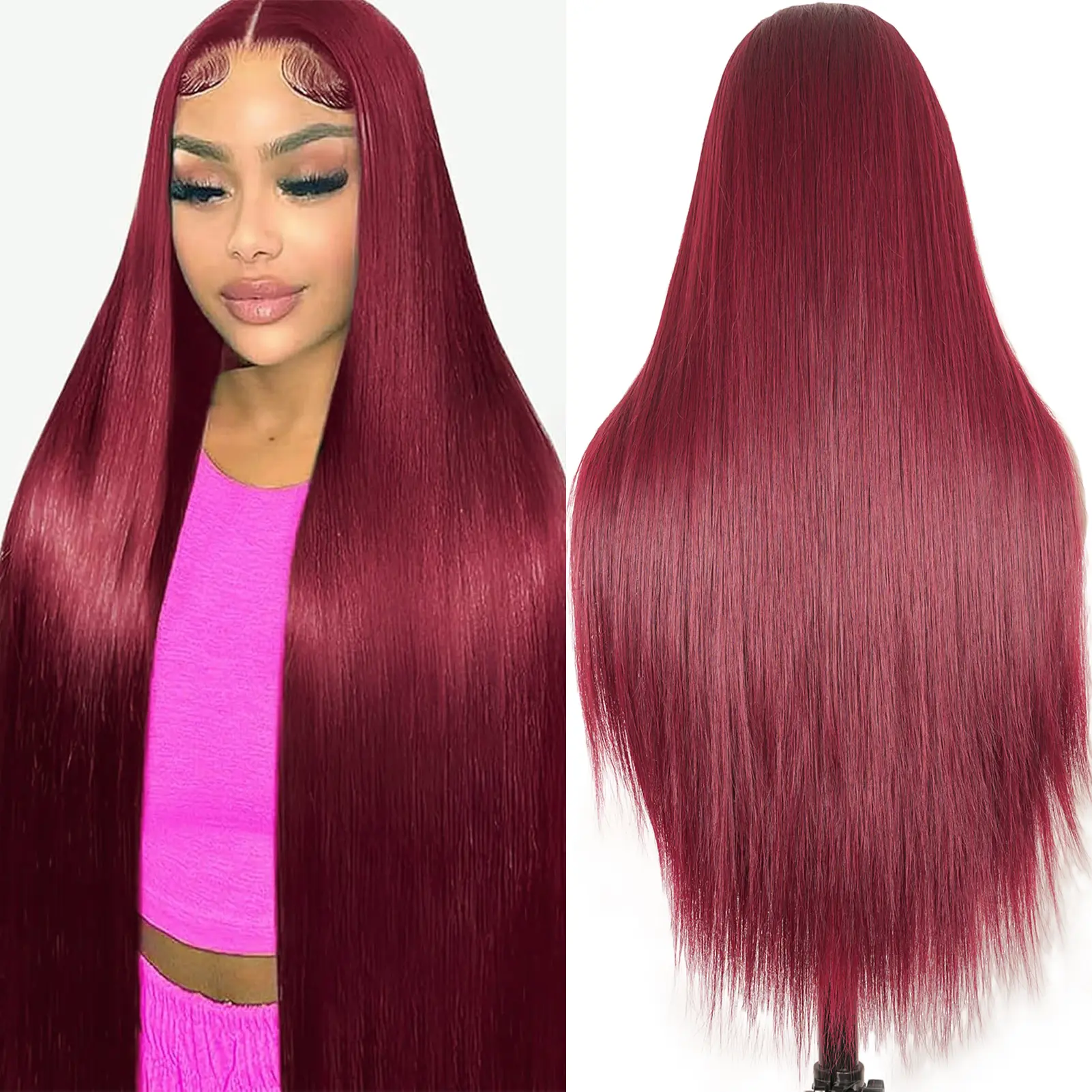 MIRELLE 13x6 Synthetic Burgundy Lace Front Wigs for Women HD Transparent Straight Lace Frontal Wig Pre-Plucked with Baby Hair Heat Resistant Fiber 30 Inches 220 Density #99J