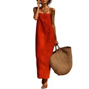 Women's Linen Cotton Maxi Dress with Square Neck Sleeveless Long Dresses, Casual Loose Resort Wear 6XDA