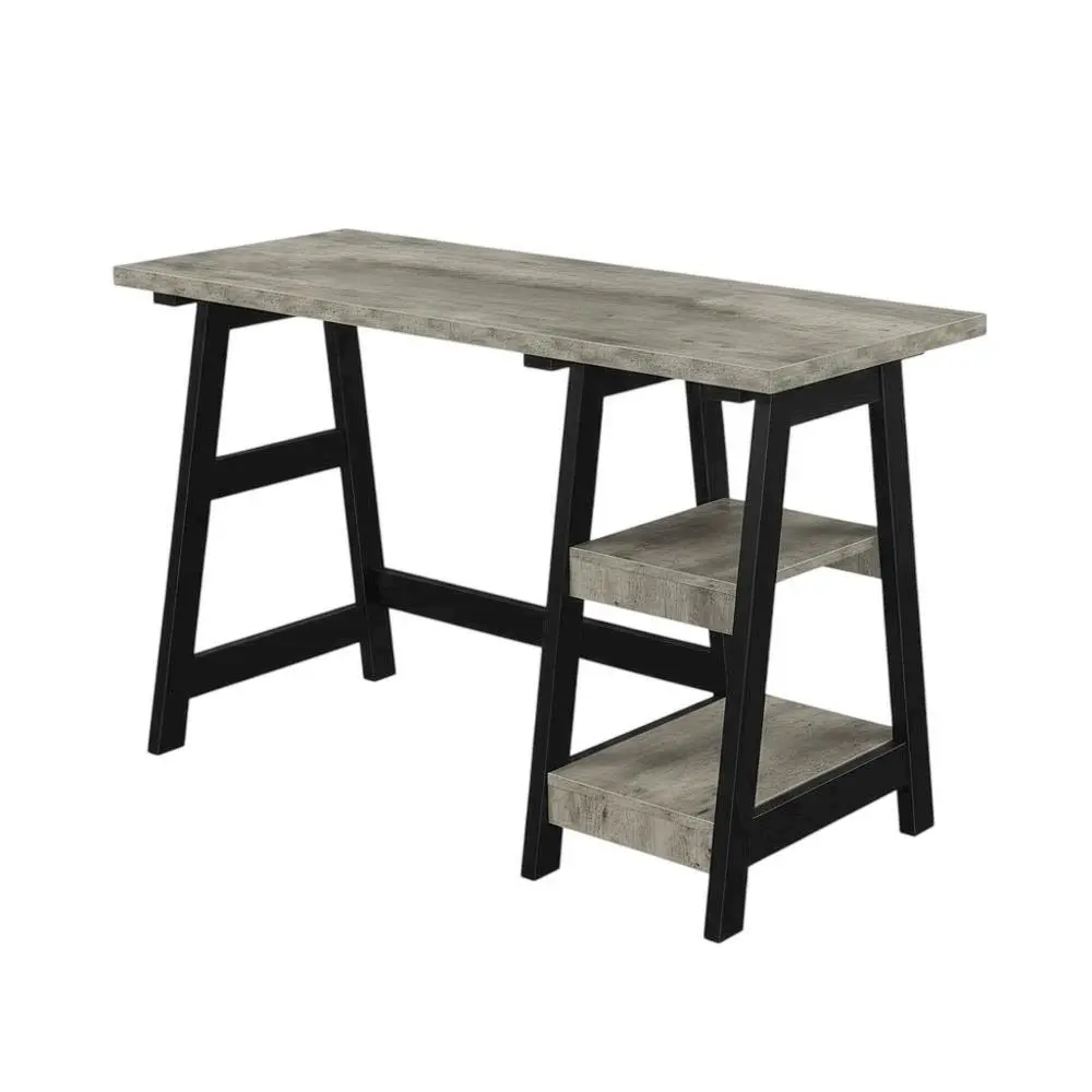 Modern Trestle Desk With Shelves In Faux Birch And Black Finish For Office Space, Shelf, Rectangular