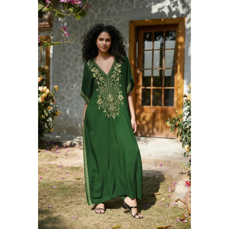 Arabic Clothing-ethnic Pattern Embroidery Batwing Sleeve Split Hem Kaftan Dress, Chic Modesty V Neck Dress for Summer, Casual Cotton