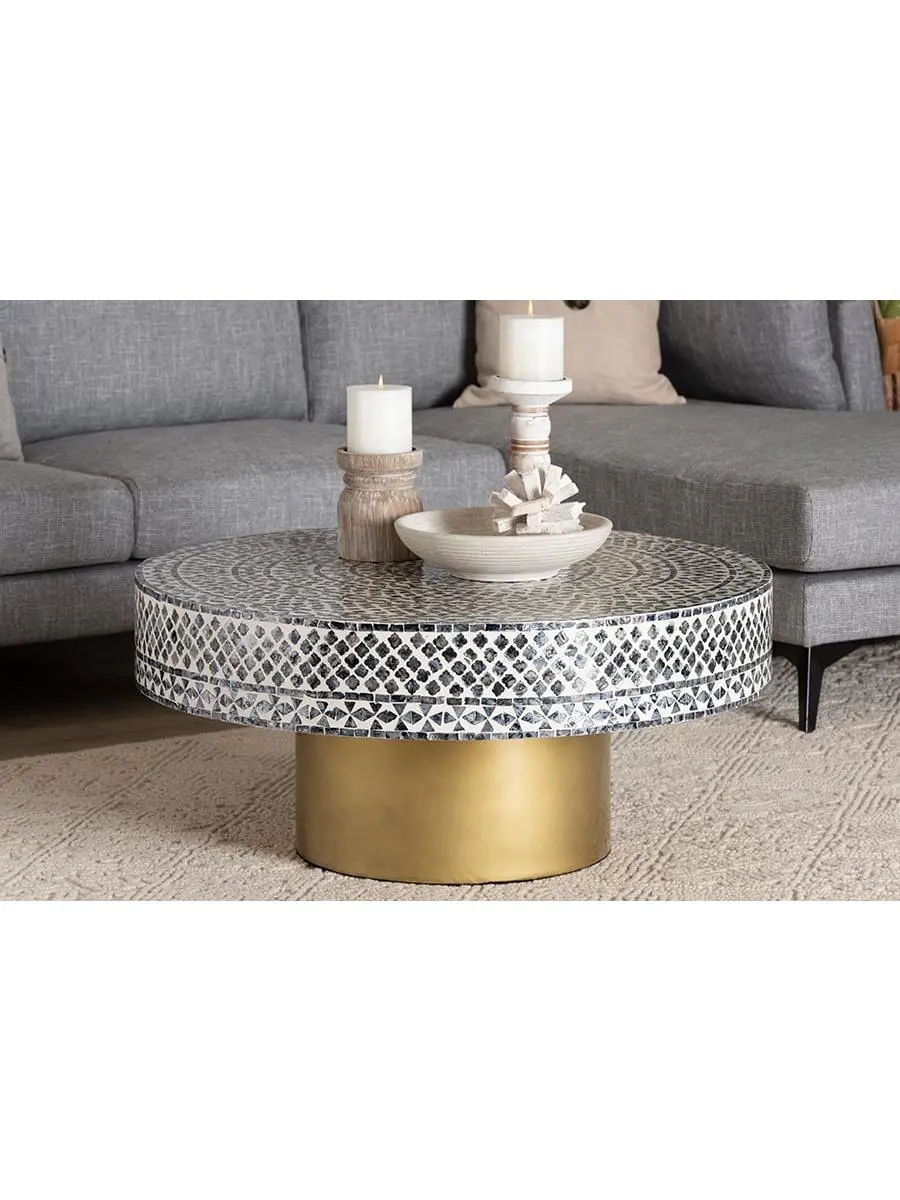 Bali & Pari 193271445547 Idra Coastal Outdoor Coffee Table, Mosaic Black, White & Gold Mother of Pearl Capiz Shell Outdoor Furniture, Outdoor Coffee Tables