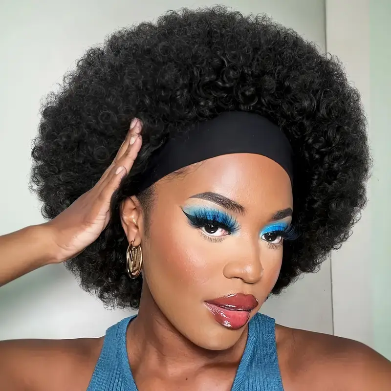 Cougar Beauty's Glueless Afro Kinky Curly Headband Wig for Female - 13 in Short Natural Black Synthetic Turban Wrap Wig, 4C Italian Organique Hair Topper Extensions for Daily, Party Use, Gifts