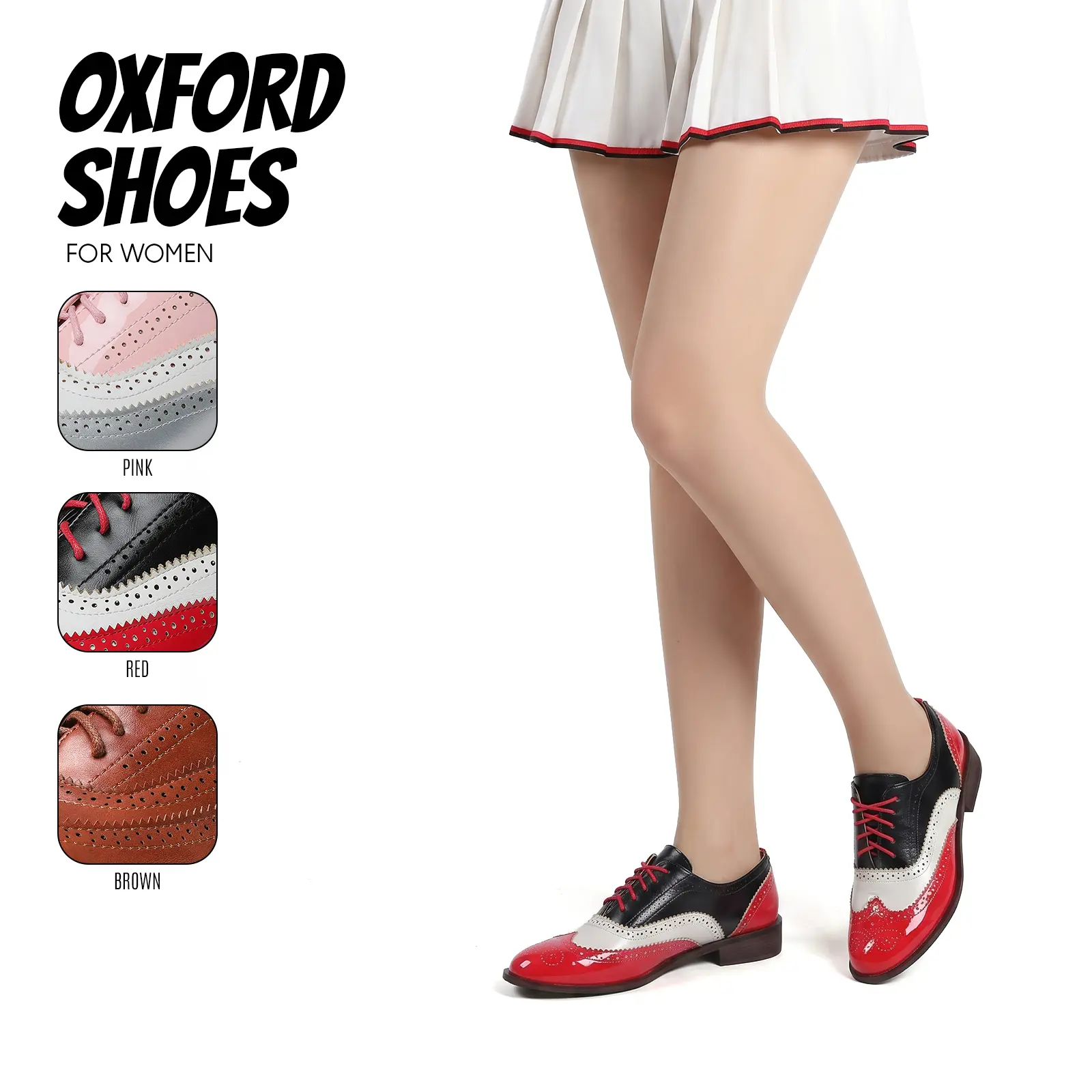 Oxford Shoes for Womens Round Toe Chunky Block Heel Lace up Wingips Cutout Brogues Saddle Easy Slip on Work Casual Party Formal Dressy Formal Shoes