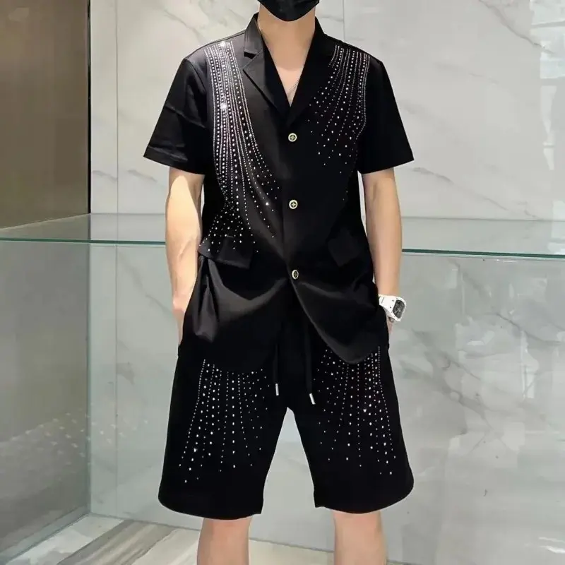 Men's 2-Piece Shortsleeve Blazer & Shorts Set, Rhinestone-Embellished Loose Sequined Outfit for Casual Parties, Versatile All-Match Menswear