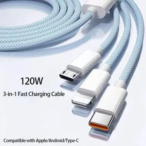 Three-In-One Nylon Braided USB Charging Cable, 480mbps High-Speed Transfer, Universal USB Connector for Lightning Type-C Micro, iPhone Android Devices