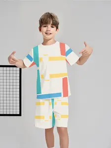 Boys' Fashion Sporty Geometric Color Block Printed Set, Casual Breathable Quick-Dry, Summer Outdoor T-Shirt Short Pants Suit