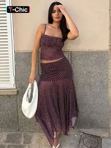 Women Summer Fitted Tank Top Camis Long Skirt Polka Dot Party Club Beach Vacation Two Piece Set Outfit