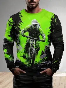 Men's 3D Off-Road Motorcycle Motocross Rider Print Long Sleeve Fitted T-Shirt, Casual Round Neck Polyester Top, Light Stretch Knit Fabric, Spring & Fall