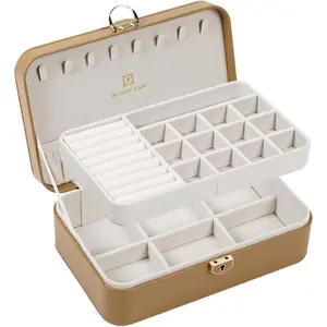 Women's and Girls' Jewelry Box Organizer, 2-Tier Large Jewelry Storage Box, PU Leather Jewelry Display Stand with Removable Tray, for Necklaces, Earrings, Rings, Bracelets, Brown