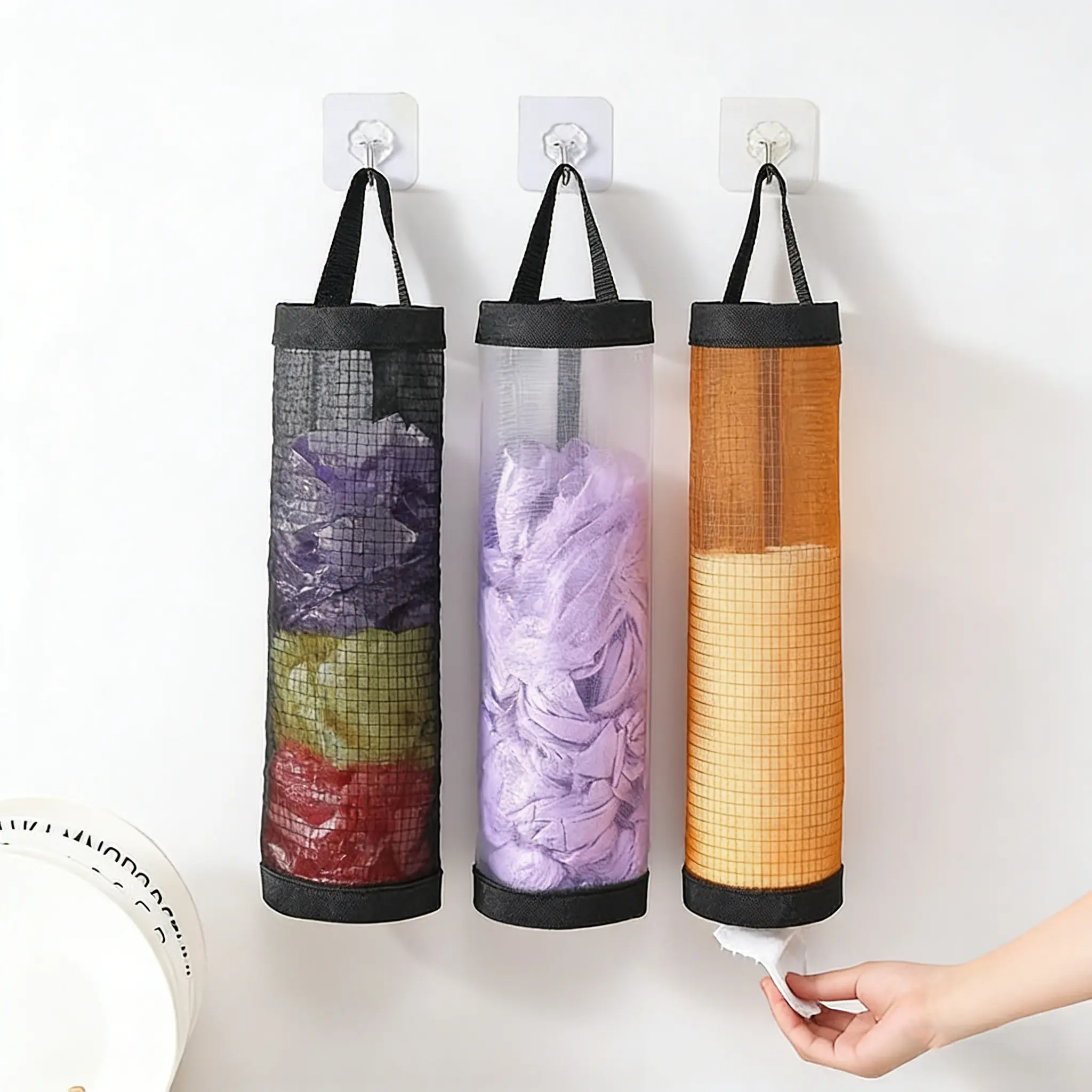Free 2 Self-Adhesive Hooks,2 Counts Plastic Bag Storage Bag,Hanging Foldable Mesh Bag,Garbage Bag Organizer,Kitchen Storage Bag,Kitchen Organizer,Household Items. Hangable
