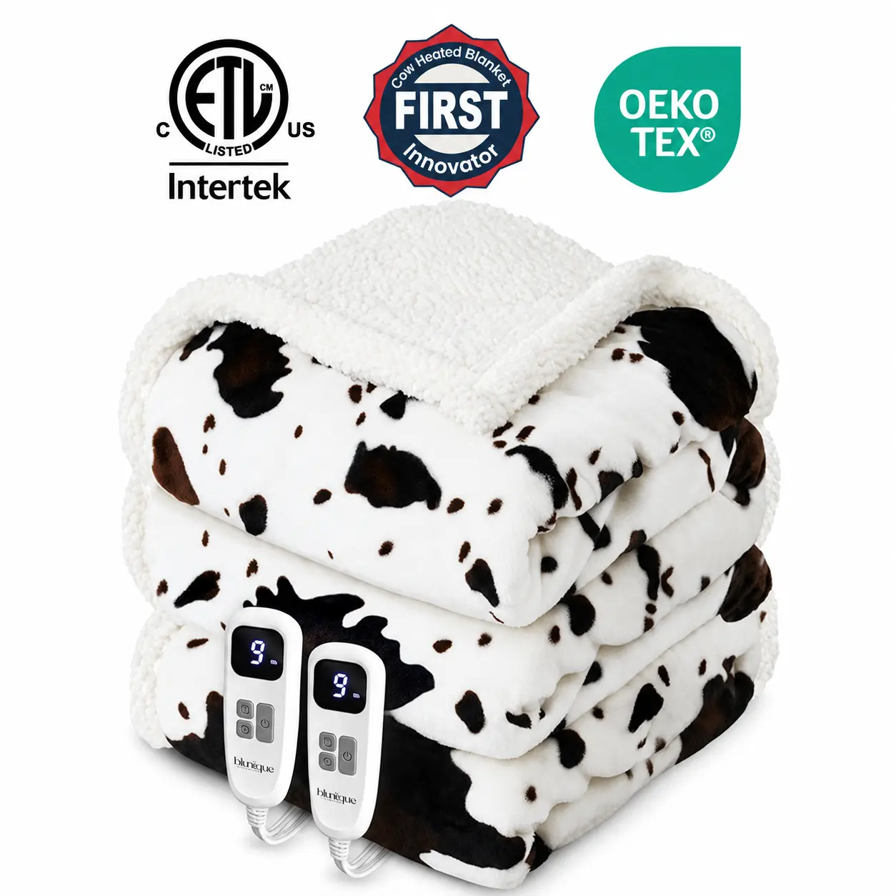 BLUNIQUE Cow Print Electric Heated Throw Blanket, Fast Heating with 10 Heat Settings and 4-Hour Auto Shut-Off, Machine Washable Flannel and Sherpa for Couch, Bed and Chilly Nights, Cozy Gift for Women, Mom and Grandma