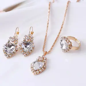 Water Drop Rhinestone Necklace Earrings Ring Set in Alloy with 43CM Circumference and 5CM Extended Chain Girl Accessories jewellery