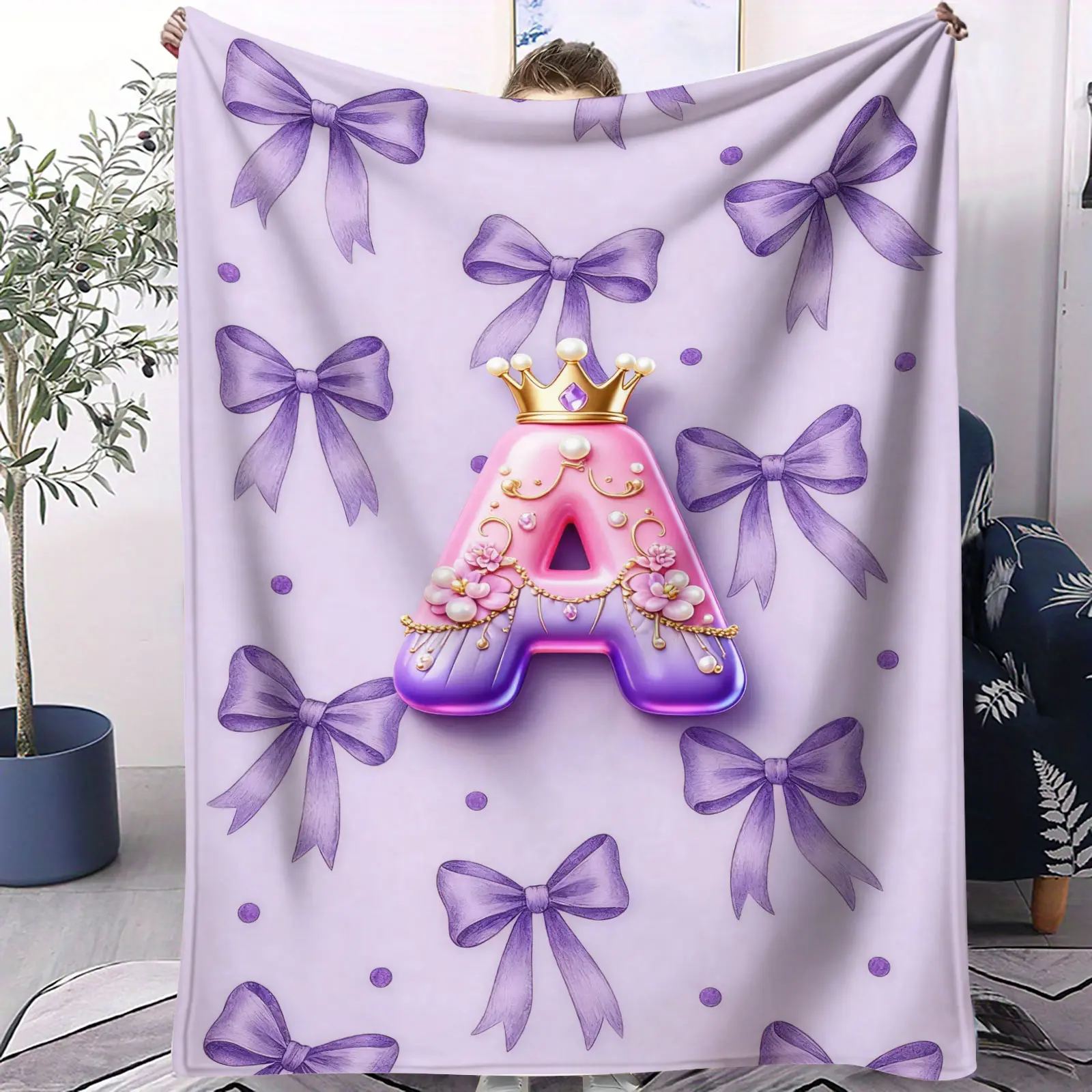 Princess-Style 100% Polyester A-Z Letter Print Flannel Sofa Bed Blanket, Custom Light Purple, Stain Resistant, Decorative Letters-Bowknots-Polka Dots, Soft Smooth Thick Dense, Durable, Bedroom-Living Room Use, Ideal for Gifting