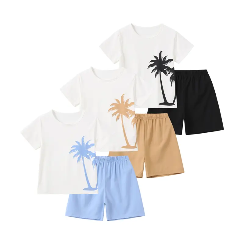 #SummerVibes 3-Piece Boys' Coconut Tree Print Short-Sleeve Tee + Shorts Set |     Kids' Summer Casual Outfit Combined Set Combination Set