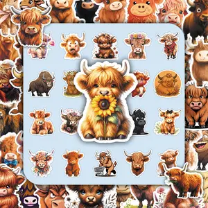 50PCS Cartoon Highland Cow Stickers – Cute Animal Decals for DIY Scrapbooking, Water Bottle, Laptop, Notebook Decoration