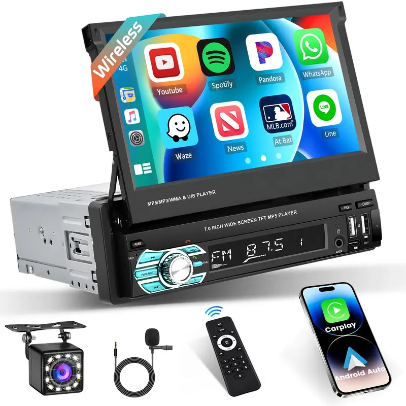 7-Inch Touchscreen Car Stereo, Single Din Flip Screen Unit with Wireless CarPlay, Android Auto, Bluetooth, SWC, USB, FM Radio, 1080p HD Backup Camera, Voice Assistant, Mic, Remote Control – Father's Day Gift, Car Screen Carplay