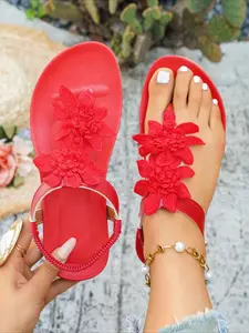 Black 3D Floral Sandals, Soft Non-slip Sole, Comfortable for All Day Wear, Wide Feet Friendly Vacation-style Women's Shoes