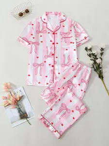 Spring Summer New Valentine's Day Geometric Print Women's Pajama Set, Loungewear, Silk Fabric Breathable Comfort, Indoor Outdoor Wear, Casual Home Clothing Two-Piece