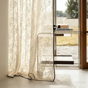 Luxury Vintage French Black Border Embossed Jacquard Sheer Curtains, Soft Light Filtering/Privacy Gauze Window Drapes for Indoor Living Room Bedroom Aesthetic 4 ways hang 2 panels