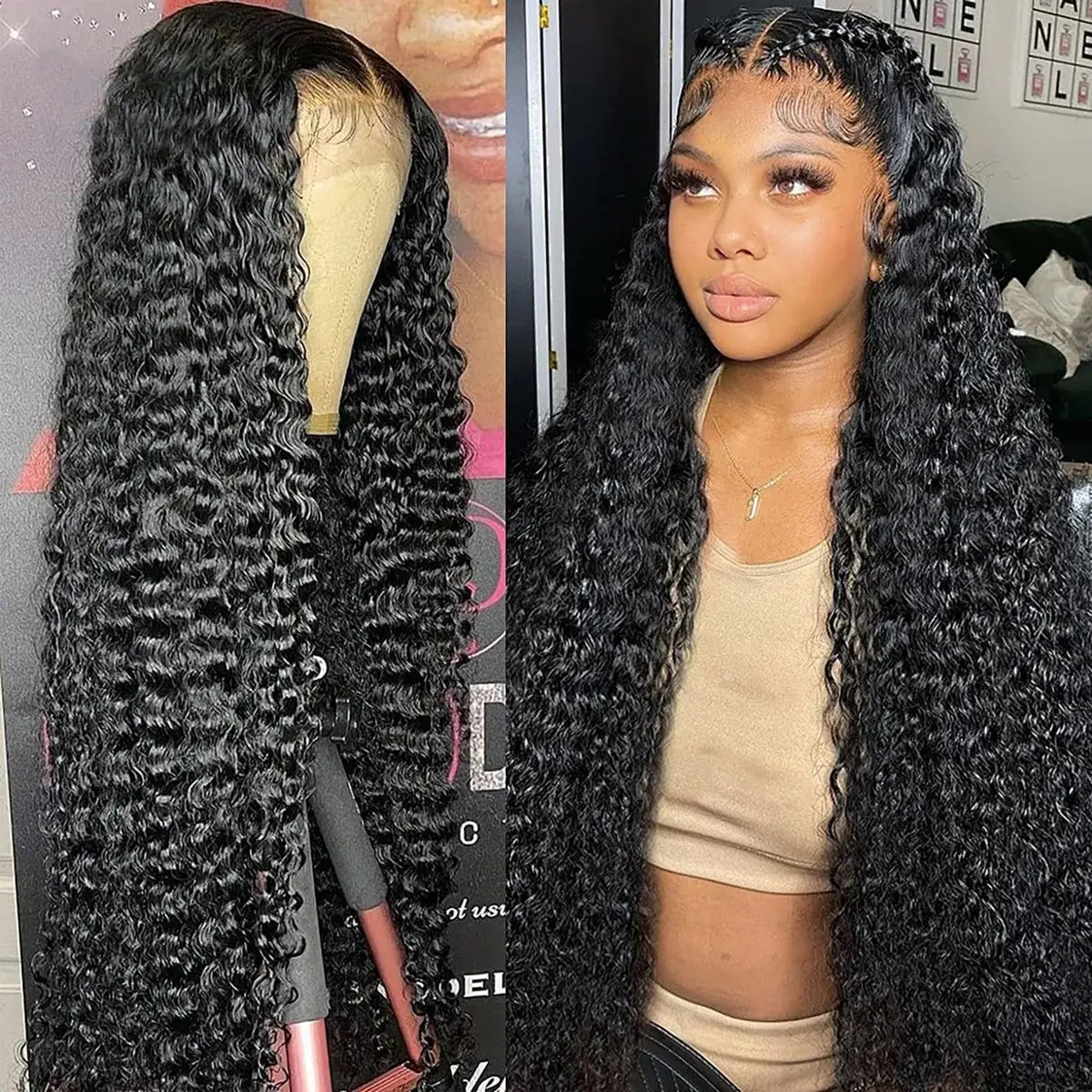 Women's HD Transparent Lace Front Human Hair Wig - 34-36 Inch, 13x4/13x6 Lace Front, 180 Density, Deep Wave, Curly, Water Wave Design, 13x6 Human Hair Wig, Curly Wigs