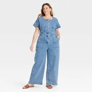 Women's Short Sleeve Button-Front Jumpsuit - Ava & Viv Medium Wash 16
