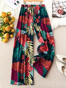 Plus Size Drawstring Waist Tropical Floral Print Boho Wide Leg Pants, Summer Vacation Casual Multi-Scene Wear, Comfortable Loose Fit