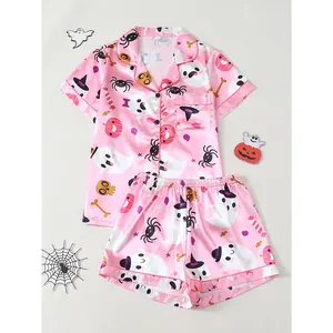 [Cute Ghost Alert]Pink Q Ghost & Spider Prints, Short-sleeve Collared Top + Shorts. Each ghost is milky and soft. Short-sleeve collar for freshness, loose shorts. Perfect vibe, full of festive ritual Loungewear Pajama Nightwear Womenswear Piece Polyester
