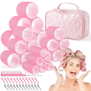 4 Sizes Self-Grip Hair Rollers Set for Long, Short Hair and Bangs - 50 Pcs with Clips (25mm, 36mm, 48mm, 60mm), Pink