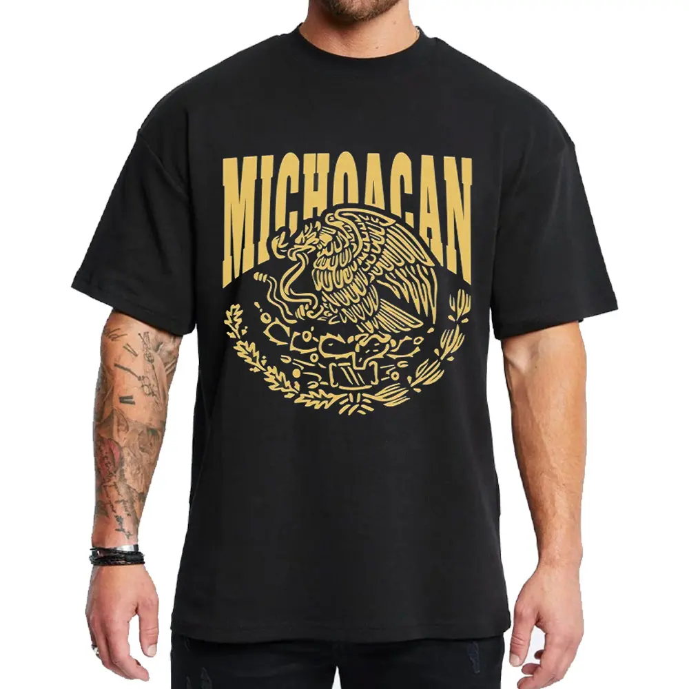 Chicano Clothing Lowrider Style Unisex Graphic Tee Medium Heavy Cotton Sweatshirt Hoodie for Men Women Michoacan Design Black Gold Print