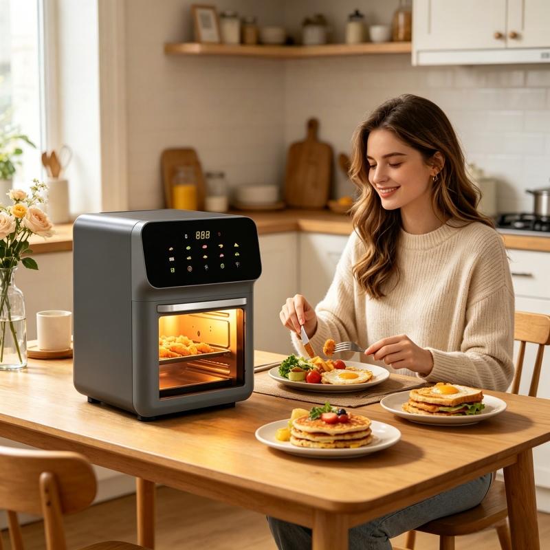 13L air fryer toaster oven combination, made of stainless steel material, compact oven of household size, used for baking whole chicken/double cooking, stainless steel interior, easy to clean, including 2 accessories and recipes, US plug
