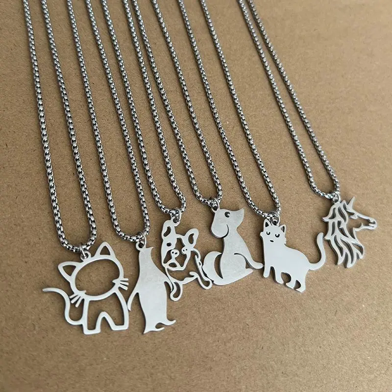 2025 Trendy Bulldog Animal Charm Necklace Long Stainless Steel Cat Penguin Unicorn Pendants Necklaces for Women Birthday Gift