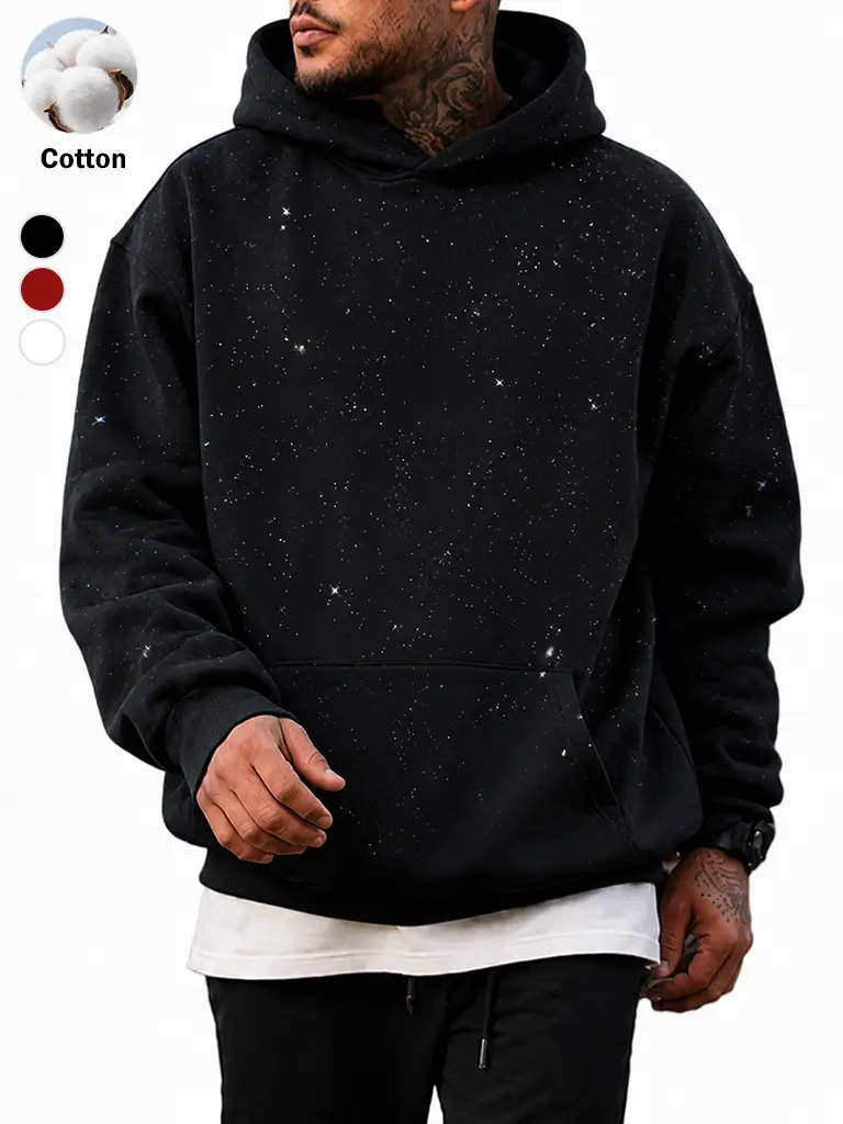 TELLFUN--Men's Sequined Pullover Hoodie - Fashionable Casual Long-Sleeved Menswear Top with Pockets, Loose-Fitting Y2K Galaxy Sweatshirt for Autumn & Winter
