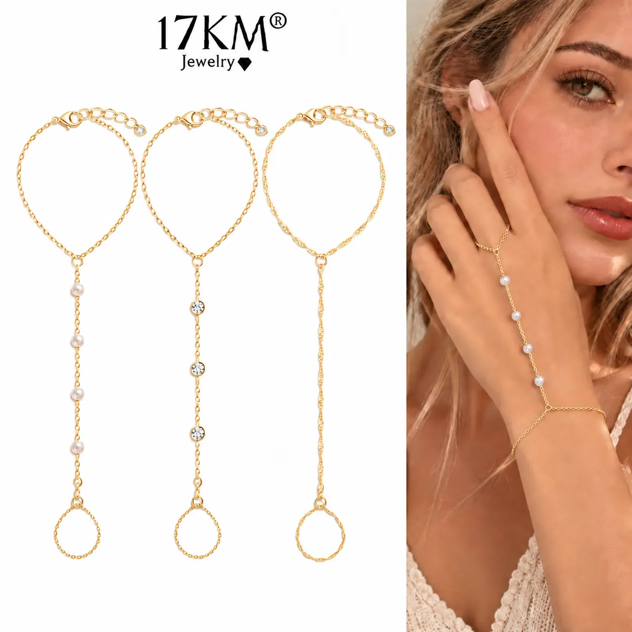 17KM Dainty Hand Chain Bracelet Set, 14K Gold Plated Adjustable Finger Ring Chain Jewelry, Stackable Layered Gold Bracelet for Women, Summer Beach Vacation Gift, Adjustable Bracelets, Bracelet Stacks sohochic