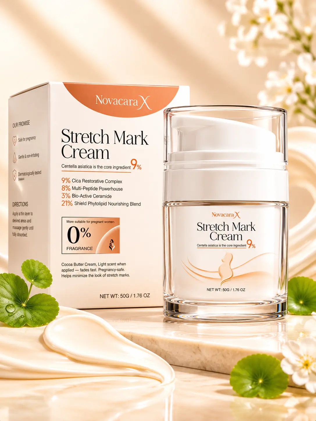 NOVACARA X Postpartum & Pregnancy Body Cream for Stretch Marks & Uneven Texture with Peptides & Ceramide, Fragrance Free for Sensitive Skin, 50g, Hip, Light, Even Out Skin Tone & Texture, Gel, Smoothing, Moisturizing