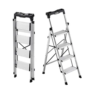 VEVOR 4 Step Ladder, Folding Step Stool with Wide Anti-Slip Pedal and Comfort Handgrip, 330 lbs Capacity Portable Aluminum Stepladder, Multi-Use for Kitchen, Home, Warehouse and Office, Silver
