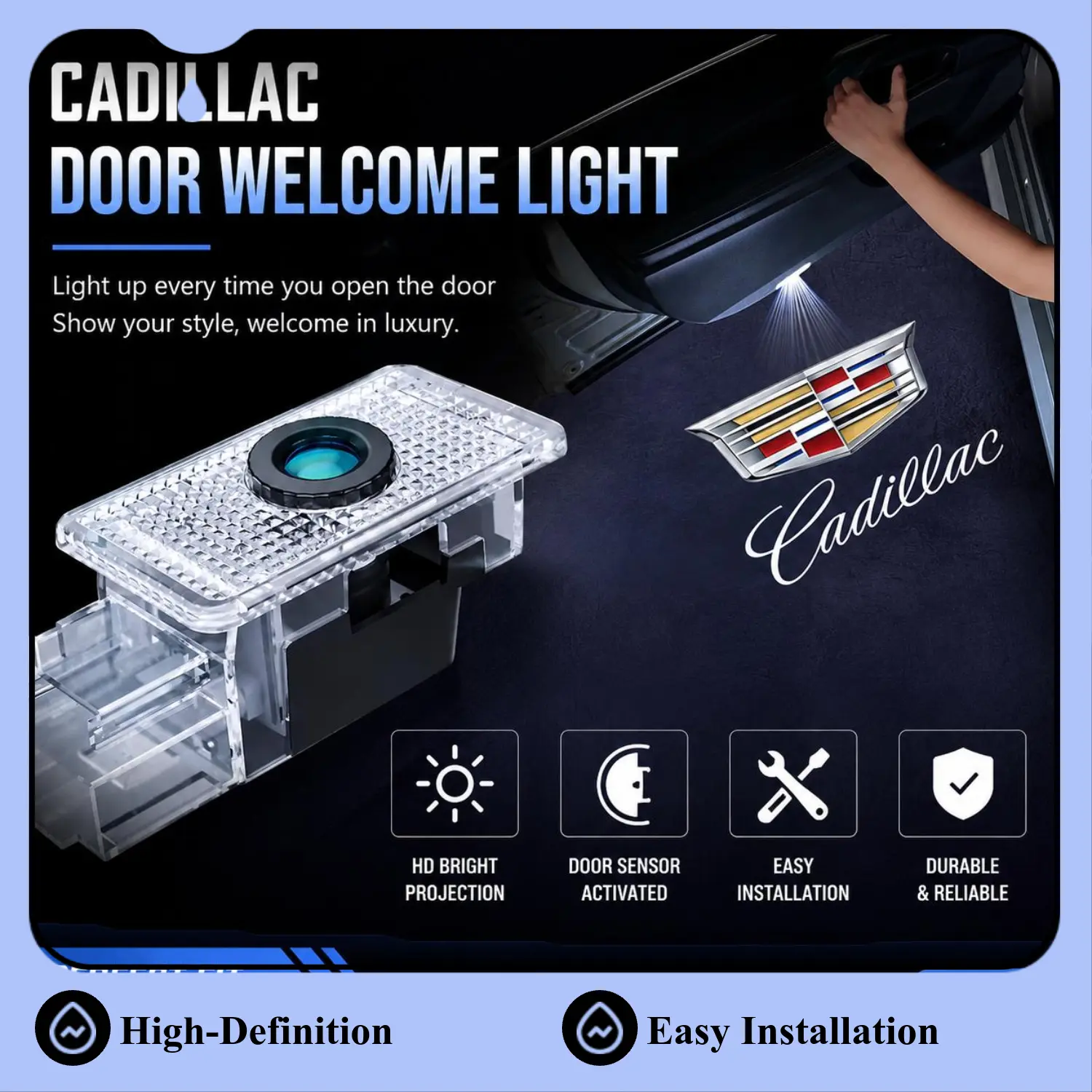 2 Pcs LED Door Logo Projector Shadow Lights - Welcome Light for Cadillac SRX CT6 XTS ATS XT4 XT5 XT6 ATS-L (2014-Now), Car Accessories, Car Ambient Light, Acrylic Car Puddle Lights, Car Logo Lights, Car Accessories Lamp