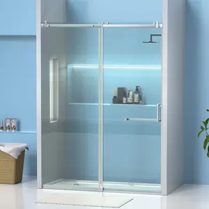 GARVEE 56"-60"W x 75"H Frameless Shower Door, Sliding Shower Door with 5/16"(8mm) Clear Tempered Glass, Noiseless Shatterproof Shower Door with Square Rail, Stainless Steel Hardware, Stainless