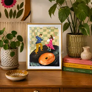 Hand Painted Record Couple Art Print, Mid Century Modern Wall Decor