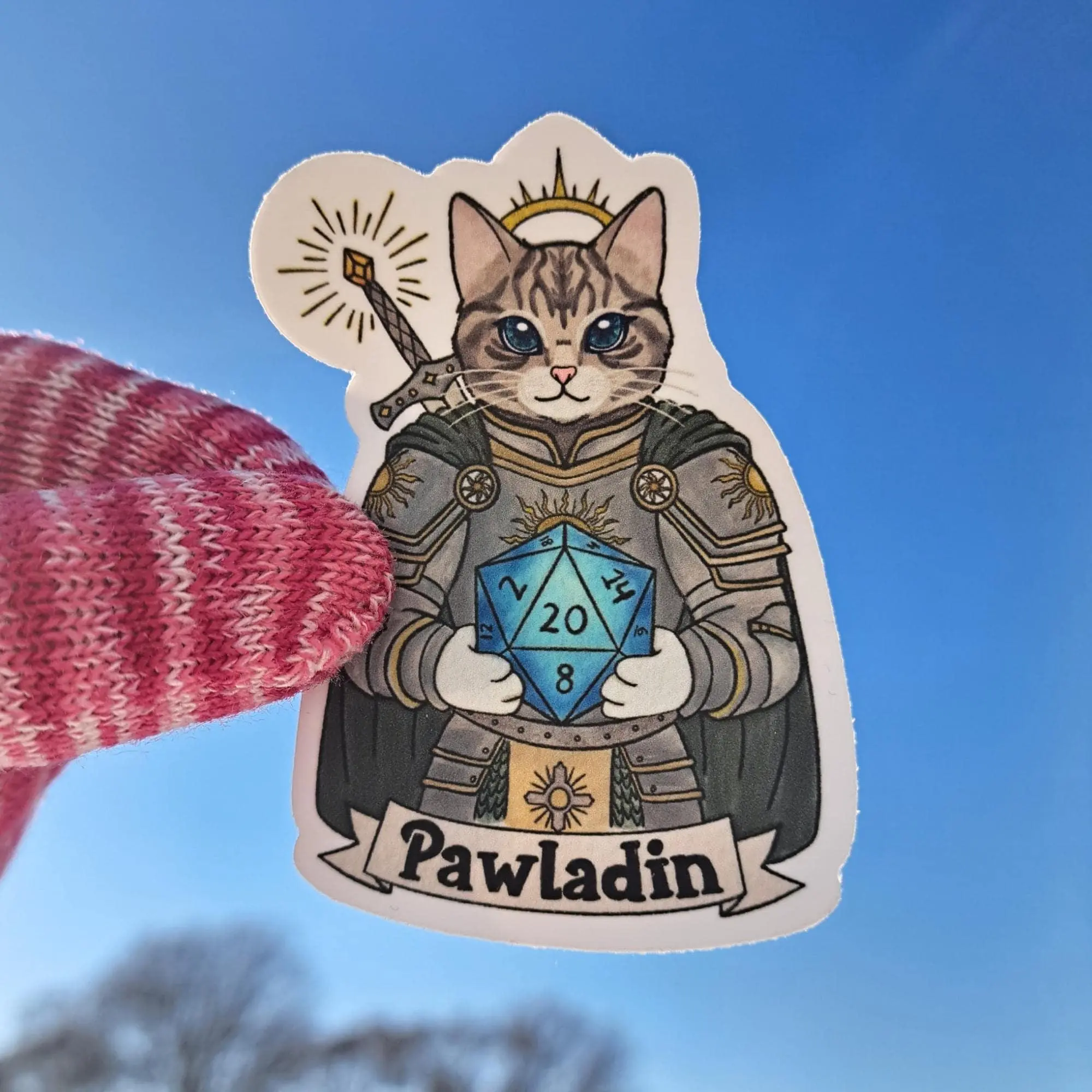 Pawladin D20 Cat Sticker | DnD Paladin Class | TTRPG Tabletop Fantasy Dice Cat | RPG Gamer Dungeon Master Gift | Waterproof Vinyl Decal