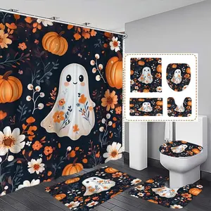 Halloween Cartoon Ghost & Pumpkin Shower Curtain Set, Includes Hooks, Bath Mat, Toilet Lid Cover, U-Shaped Pad, Ideal Gift