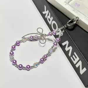 Luxury Crystal Beaded Mobile Phone Chain Fashionable Short Wrist Portable Bow Hanging Decorative Lanyard for Phones