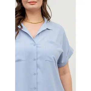 The Curvy Short Fold Button Down Casual Collar Comfort Fit Fashion Shirt Top Womenswear Blouse Chic Plain Short Sleeve Summer Medium Length Fitted Elegance Formal Style Basic - Jeans Collared Minimalist Shortsleeve Dress Pants
