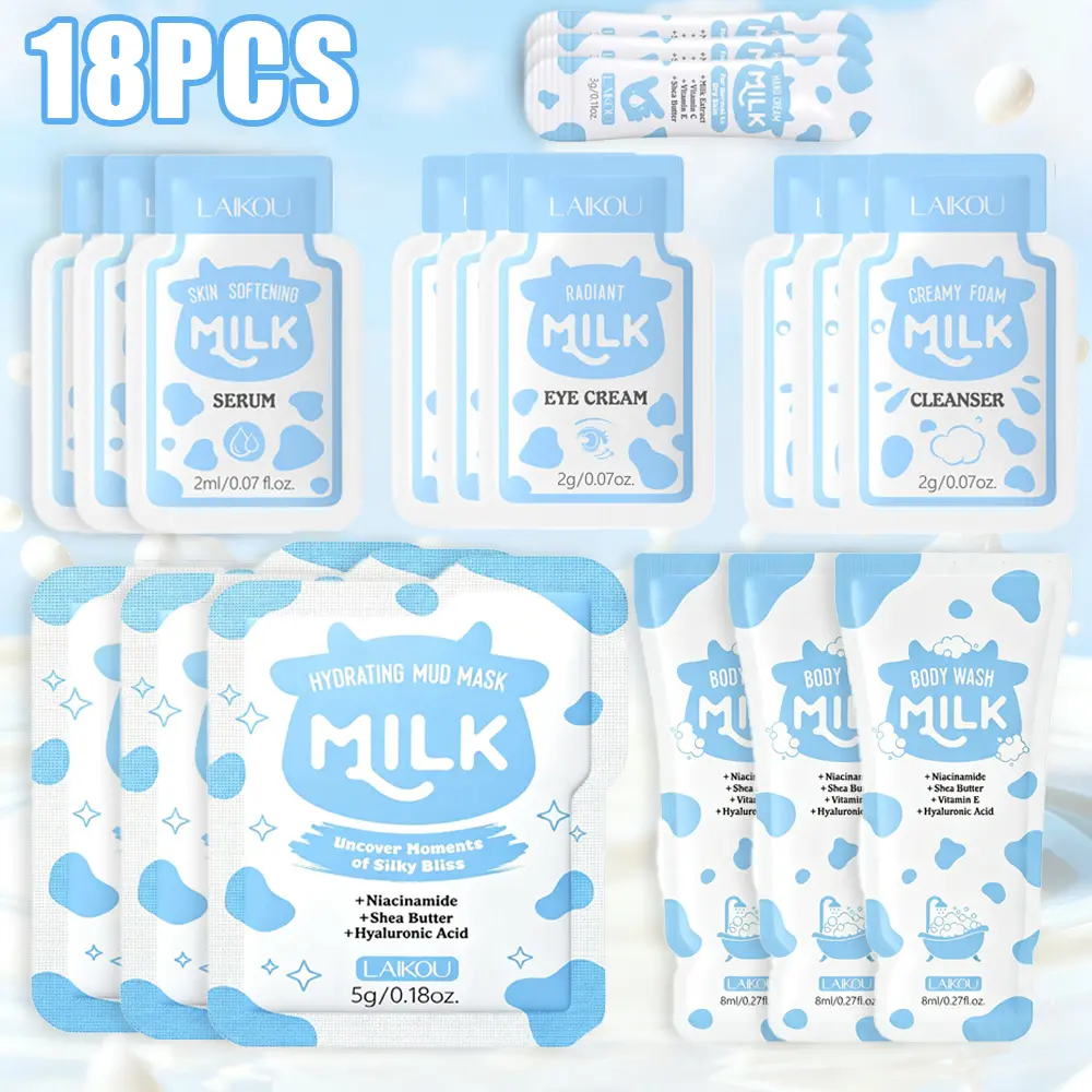18pcs Milk Travel Skincare Set, Mini Single-Use Sachets for Women & Teens, Hydrating Facial Body Care Kit with Cleanser, Mask & Hand Cream, Portable Pocket Toiletries, Perfect Travel & Holiday Gift