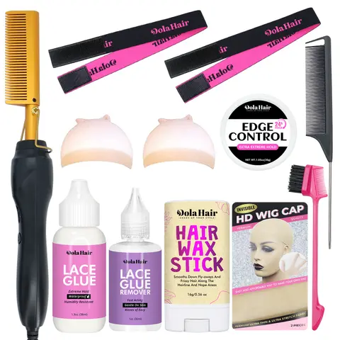 Black Women's Dolahair Titanium Electric Hot Comb Multi-Pack - 450℉ Hair Styling Tool with 2 Lace Melting Bands, 2 Pcs HD Wig Caps, Alcohol-Free Edge Control for Lace Glue Wig Installs, Smooth Hair Pressing