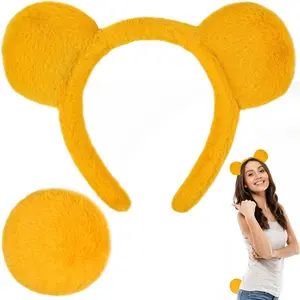 Yellow Bear Ears Headband and Tail, Bear Headband for Women, Yellow Headbands for Halloween Costume Accessories Set