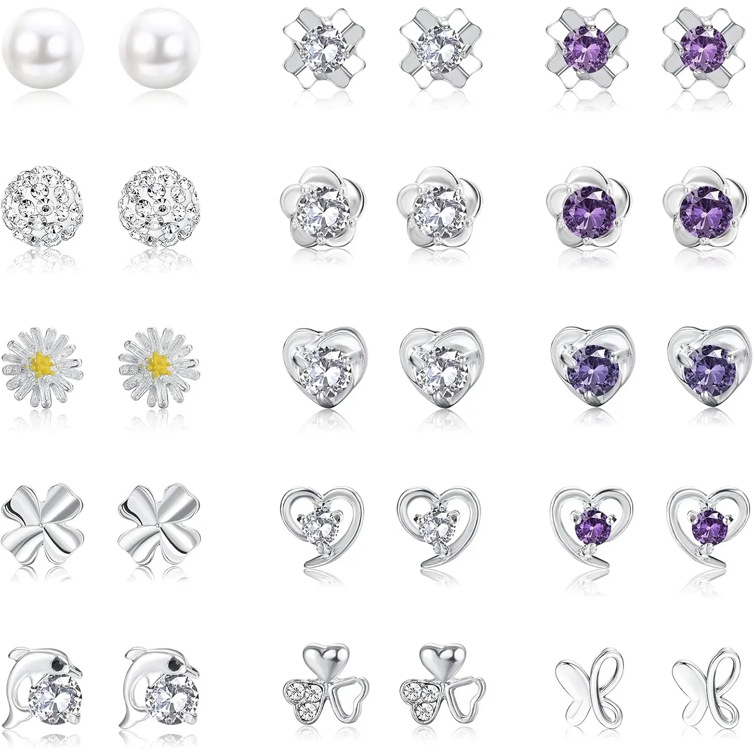 15 Pairs Silver Earrings for Women, Hypoallergenic 925 Sterling Silver Earrings Set for Girls, Cute Small Pearl, Crystal, Round, Heart, Flower, Butterfly & Cubic Zirconia Stud Earrings,summerwins
