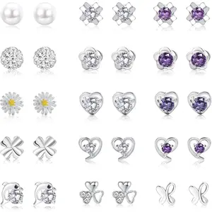15 Pairs Silver Earrings for Women, Hypoallergenic 925 Sterling Silver Earrings Set for Girls, Cute Small Pearl, Crystal, Round, Heart, Flower, Butterfly & Cubic Zirconia Stud Earrings