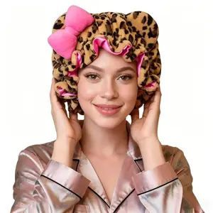 Leopard Print Plush Teddy Bear Bonnet, Satin-Lined Adjustable Sleep Cap, Cute Hair Care Headwear for Women