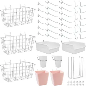Pegboard Basket Organizers 42 Pack Set, Large Peg Board Baskets Hooks Bins Cups Tool Organizer, Wall Storage Hanging Display Accessories for Craft Office Stadio Shed Garage Organization, White & Pink