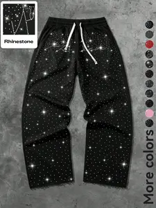 Men's Trendy Rhinestone Street Casual Long Pants, Adjustable Drawstring, Soft Fabric, All Seasons, Fashionable Design, Multiple Colors Available, Casual Outdoor Pants